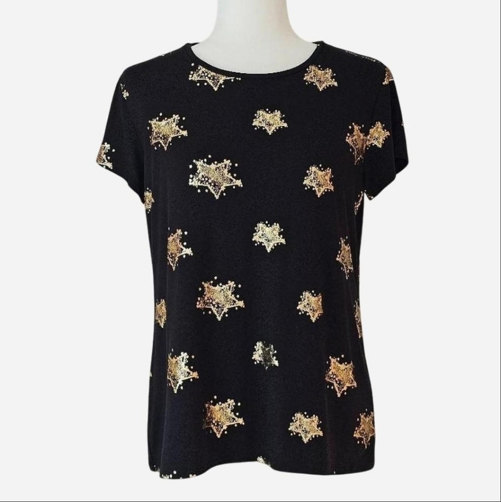 CARMEN Marc Valvo Women's Size M Black Tee with Gold Star Accents